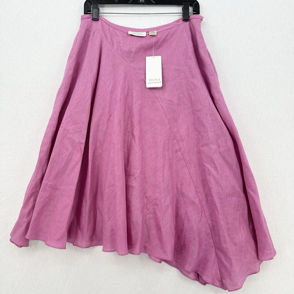 Dana Buchman Linen Midi Skirt Womens 10 Pink Asymmetrical Zip Coastal Barbie NEW